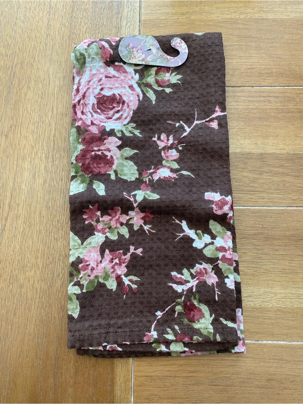 NWT April Cornell Cottage Rose Floral Brown Waffle Weave Kitchen Towel - Picture 2 of 3